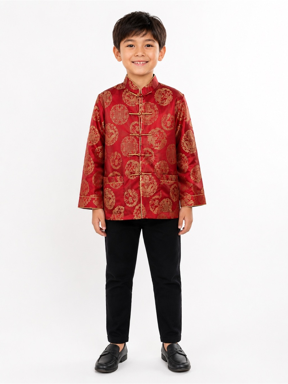 Boys Red Brocade Mandarin‎ Jacket with Gold Detailing 9-10T